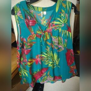Cato Teal Tropical Print Sleeveless Blouse